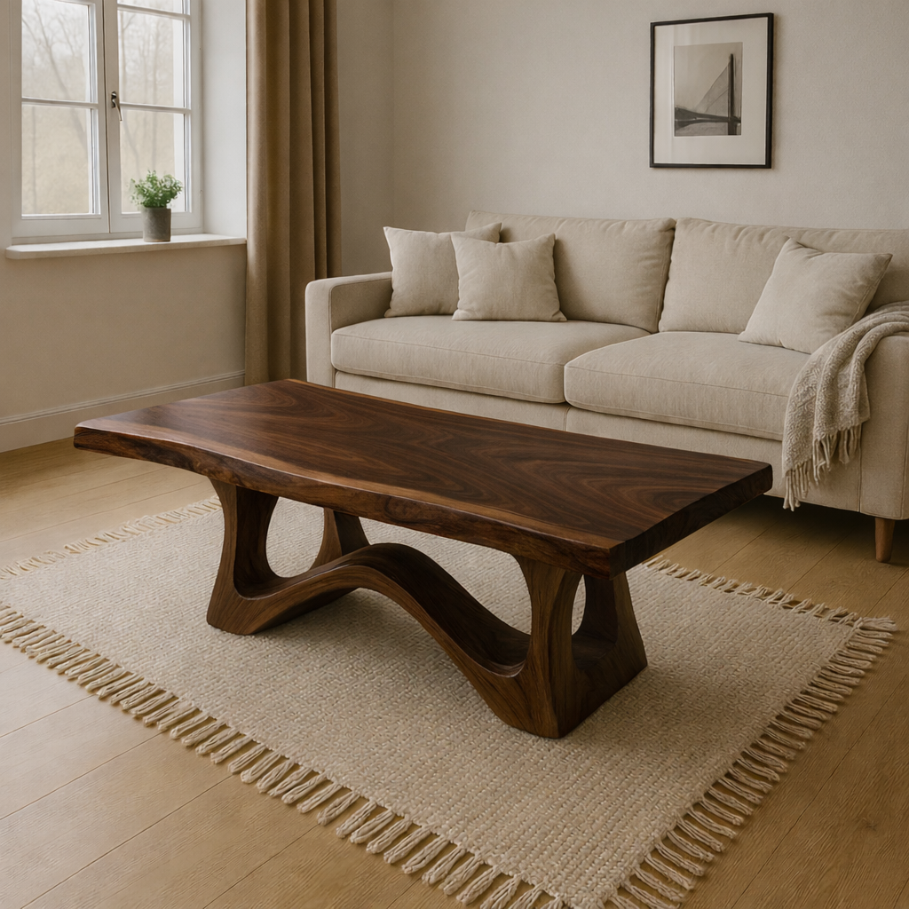 Modern Wooden Coffee Table with Curved Base – Solid Wood Living Room Center Table - view 3 of 7