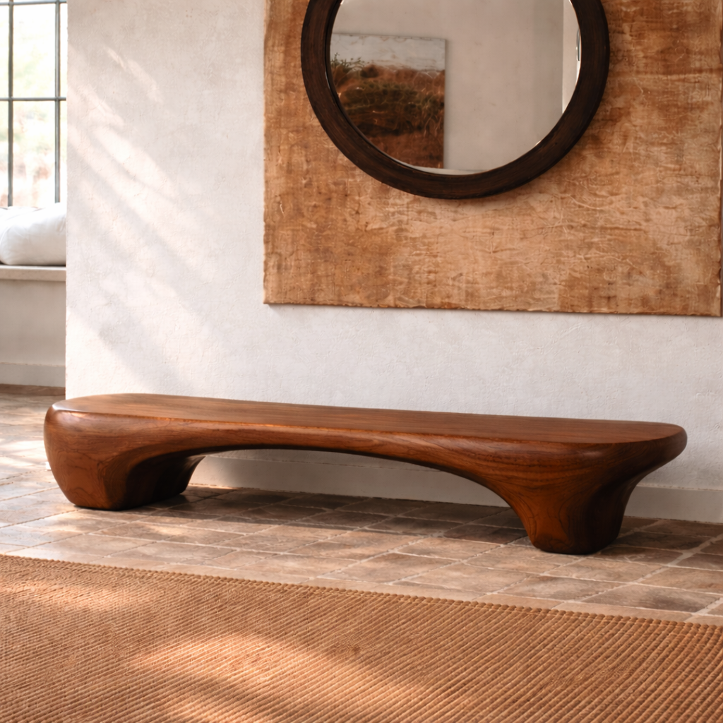 Organic Sculptural Solid Wood Bench, Modern Rustic Statement Seating - view 2 of 7