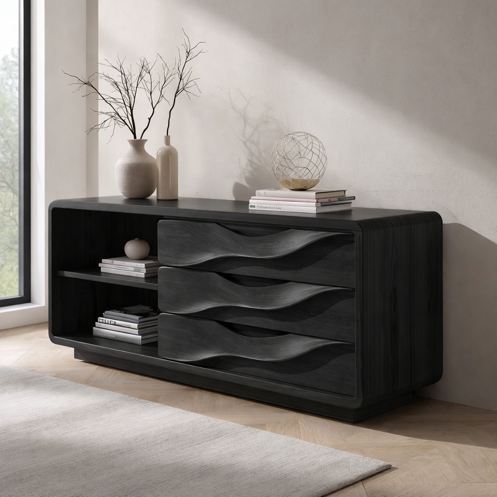 Solid Wood Console Table with Wave Drawers and Open Shelf – Modern Entryway Cabinet - view 4 of 7