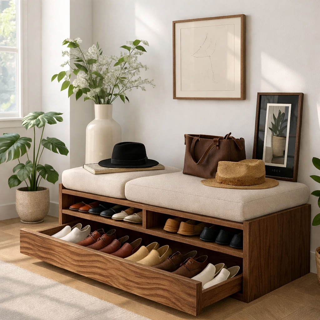 Solid Wood Entryway Bench with Storage Cubbies, Rustic Hallway Organizer Seat - view 3 of 7