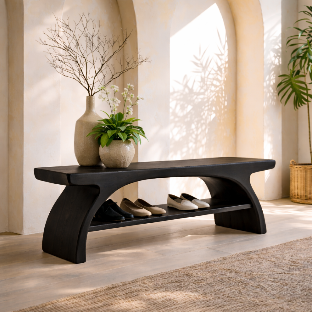 Sculptural Solid Wood Entryway Bench with Open Shoe Shelf - view 4 of 7