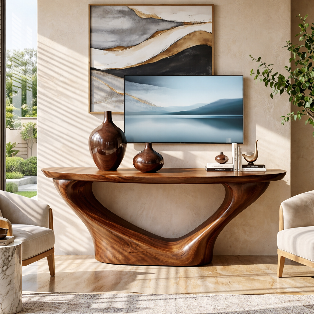 Solid Wood Console Table with Sculptural Curved Base, Modern Artistic Design - view 2 of 7