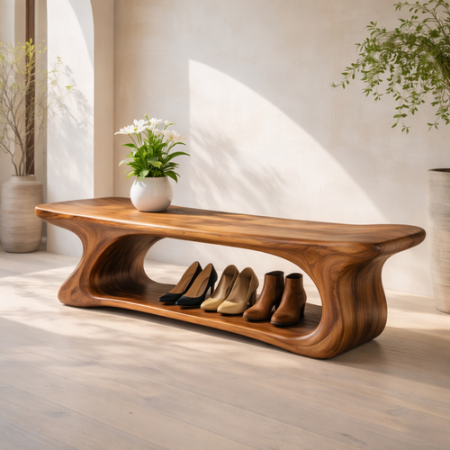 Sculptural Solid Wood Storage Bench, Modern Organic Entryway Shoe Bench - view 1 of 7