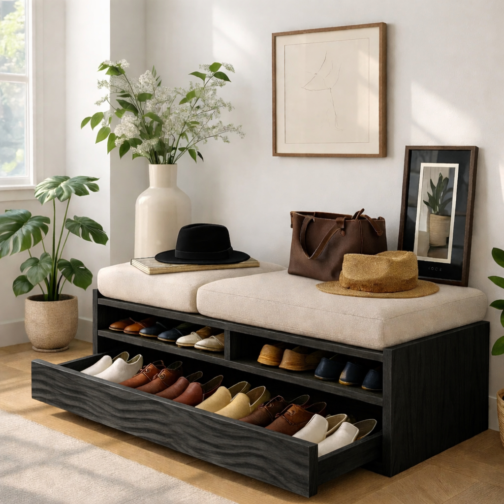 Solid Wood Entryway Bench with Storage Cubbies, Rustic Hallway Organizer Seat - view 5 of 7