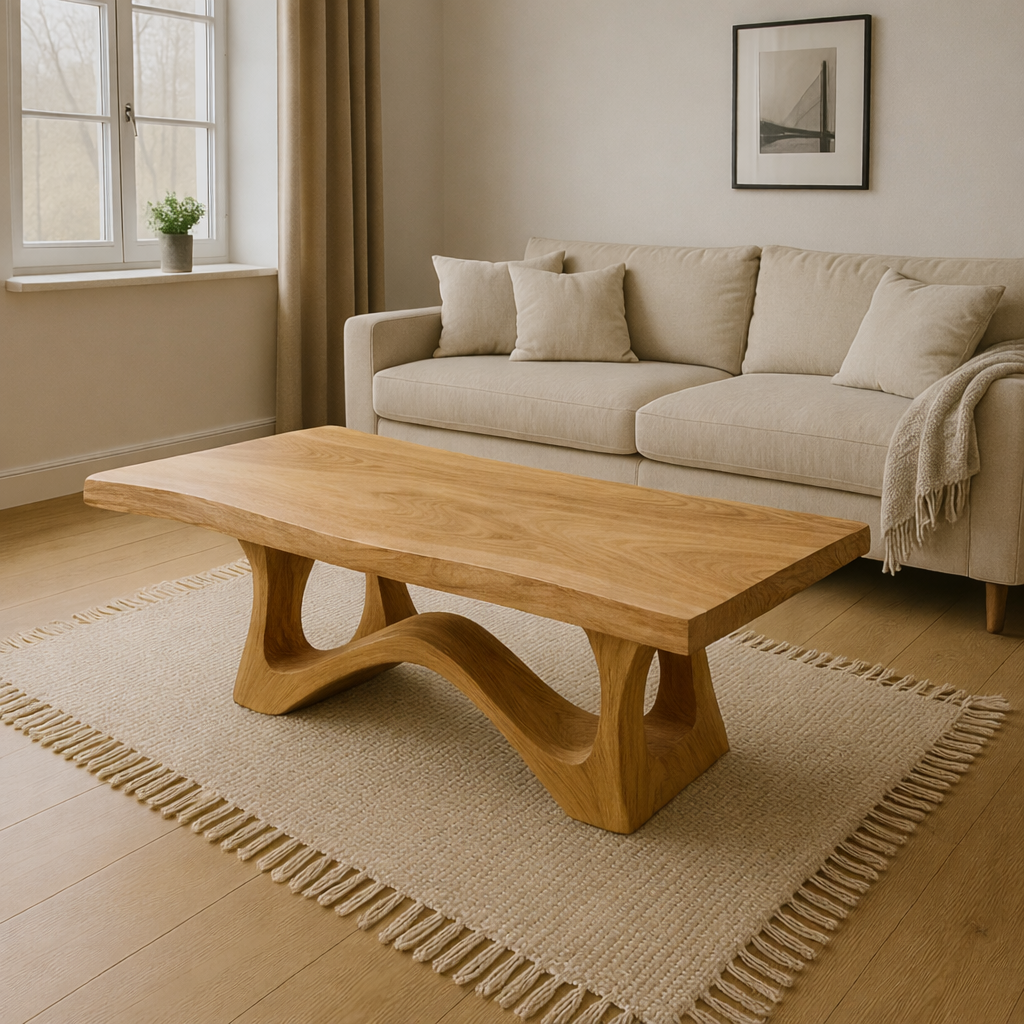 Modern Wooden Coffee Table with Curved Base – Solid Wood Living Room Center Table - view 4 of 7