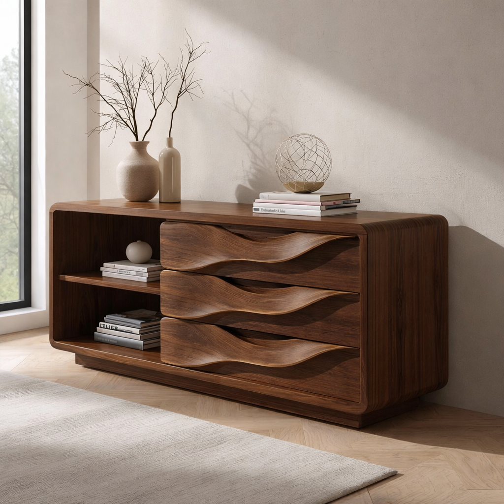 Solid Wood Console Table with Wave Drawers and Open Shelf – Modern Entryway Cabinet - view 2 of 7