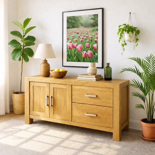 Solid Wood Console Table, Modern Wood Buffet Console with Doors and Drawers Storage - view 1 of 7
