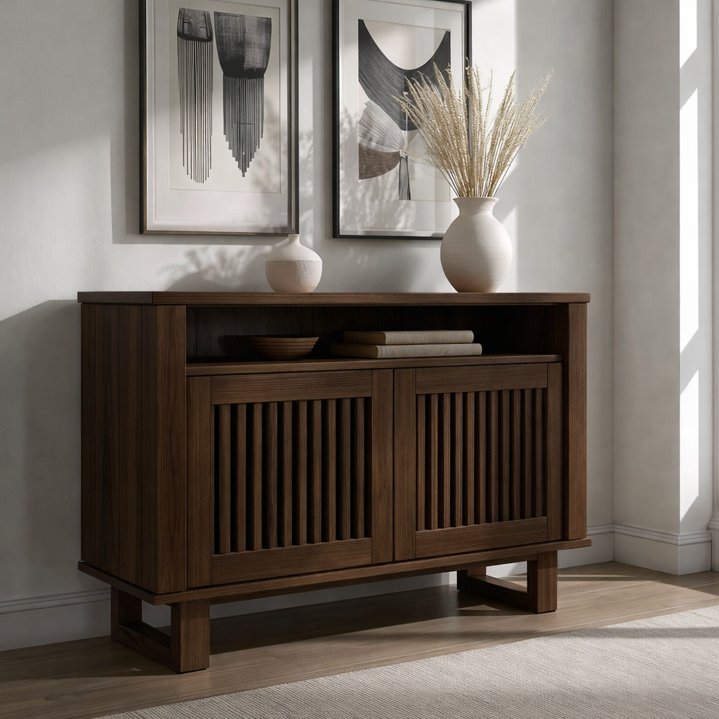 Modern Console Cabinet with Vertical Slatted Doors – Elegant Storage Solution - view 2 of 7