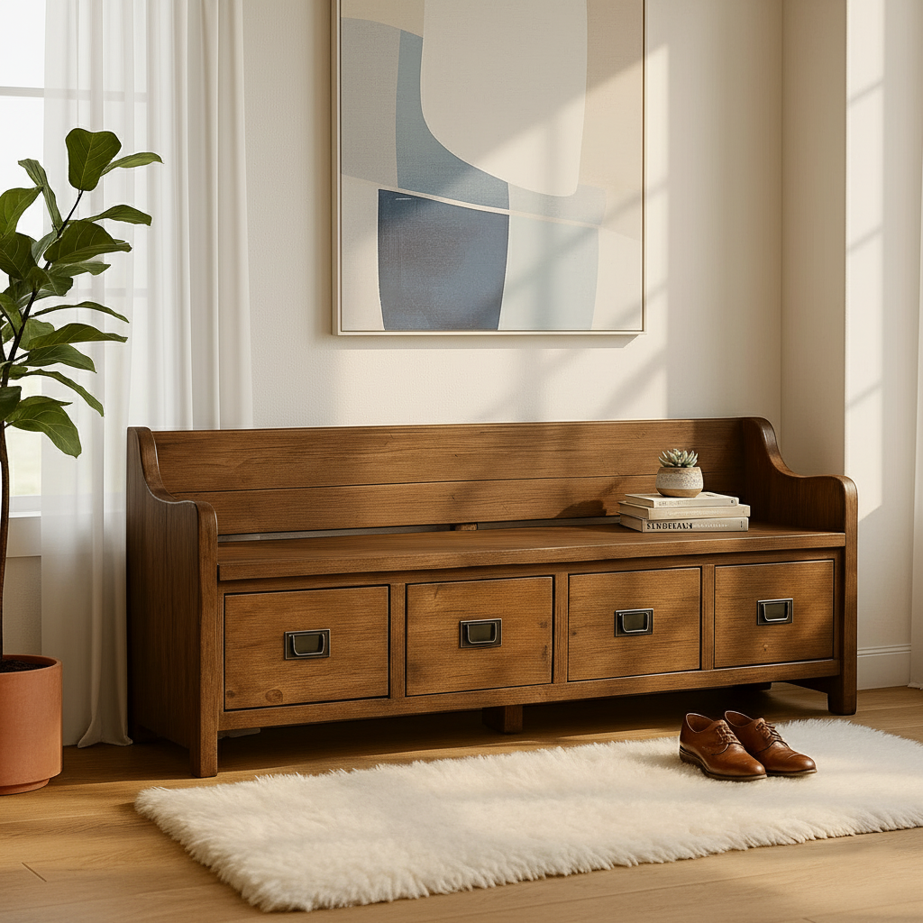 Solid Wood Storage Bench with Drawers, Entryway Hallway Seating Cabinet - view 5 of 7