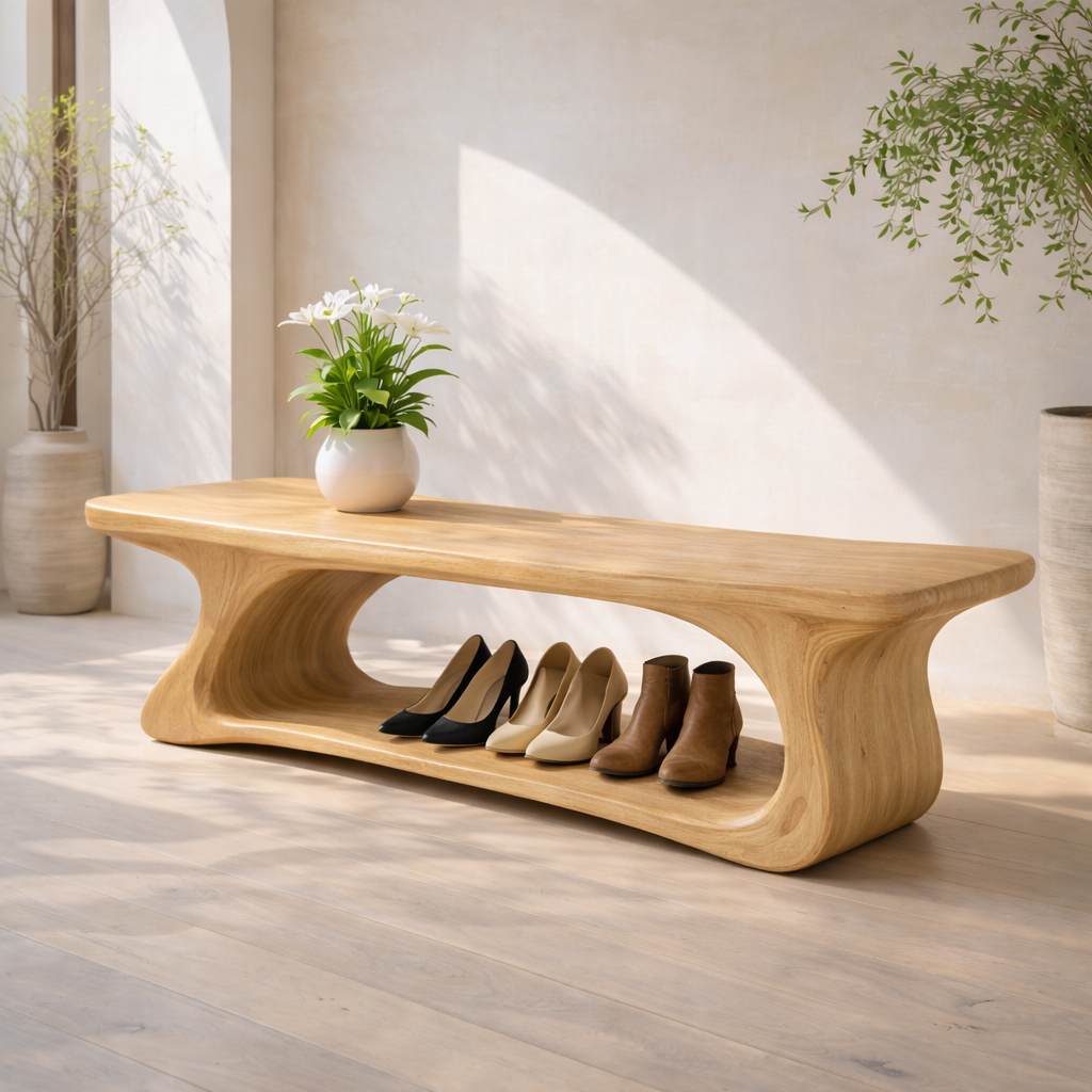 Sculptural Solid Wood Storage Bench, Modern Organic Entryway Shoe Bench - view 6 of 7