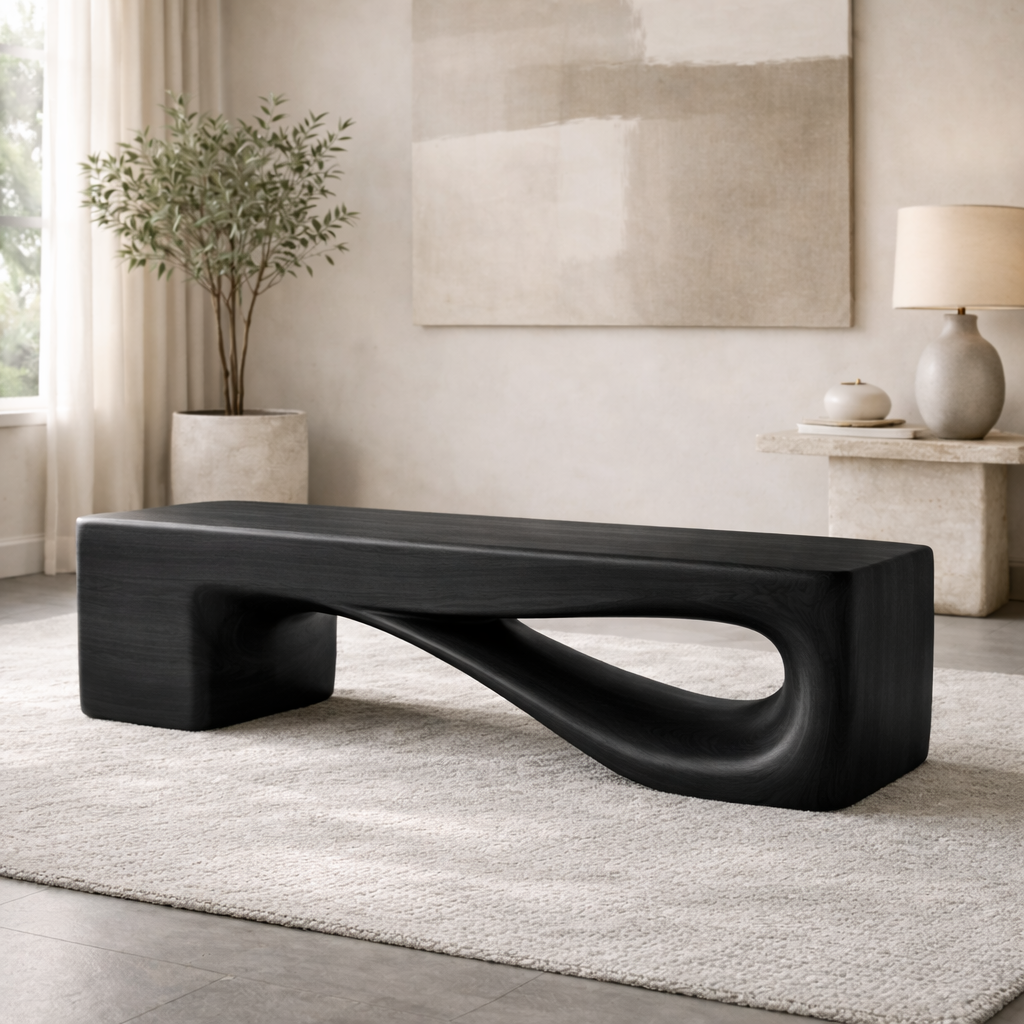 Modern Sculptural Wooden Entryway Bench, Curved Hallway Seating for Luxury Homes - view 4 of 7