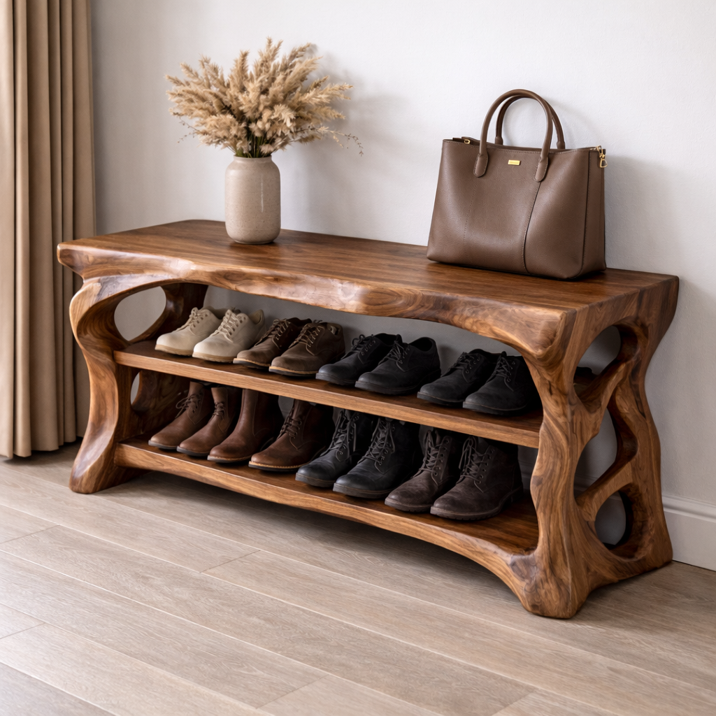 Solid Wood Entryway Bench with Shoe Storage Shelf – Rustic Natural Wood Shoe Rack - view 3 of 7