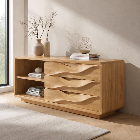Solid Wood Console Table with Wave Drawers and Open Shelf – Modern Entryway Cabinet - view 1 of 7