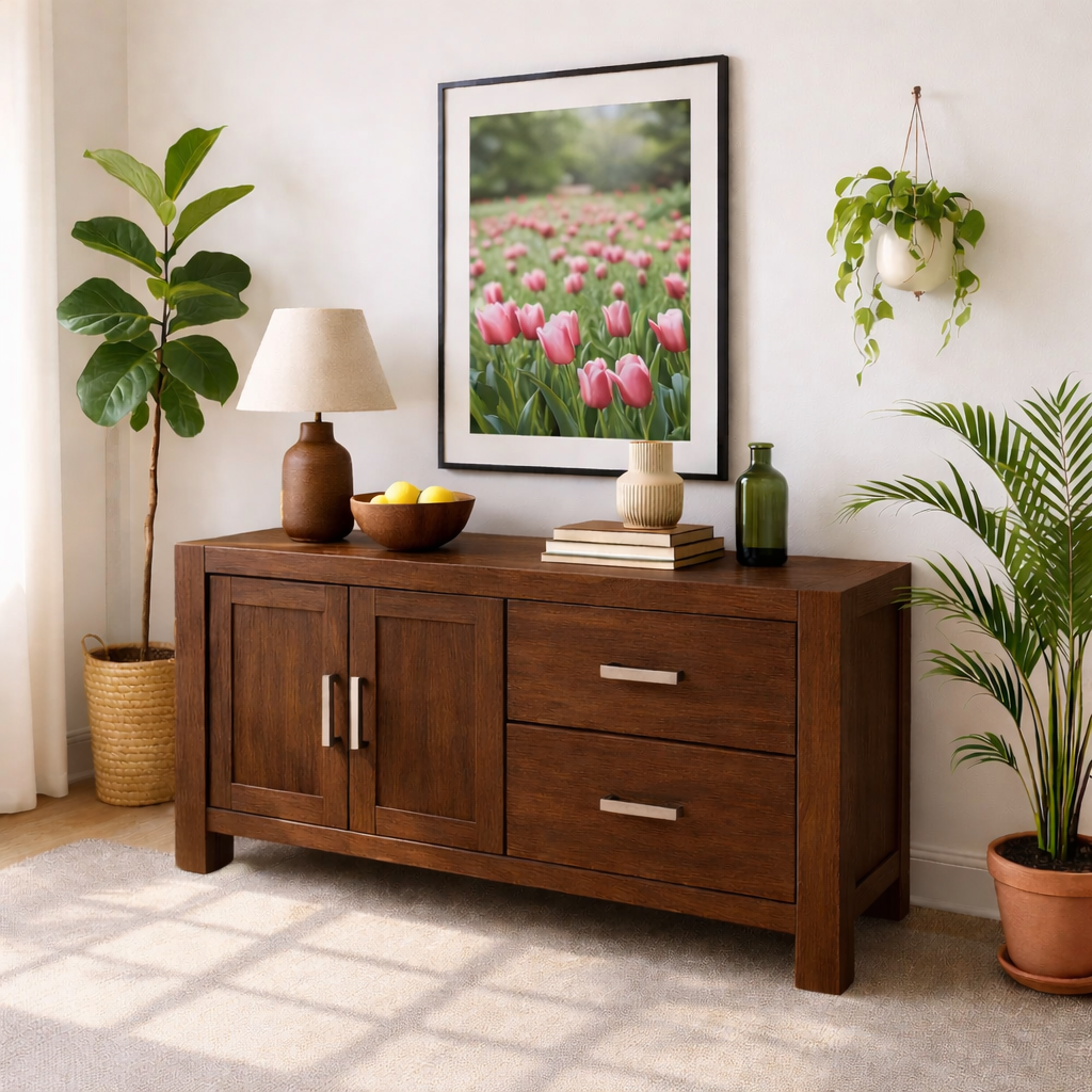 Solid Wood Console Table, Modern Wood Buffet Console with Doors and Drawers Storage - view 5 of 7