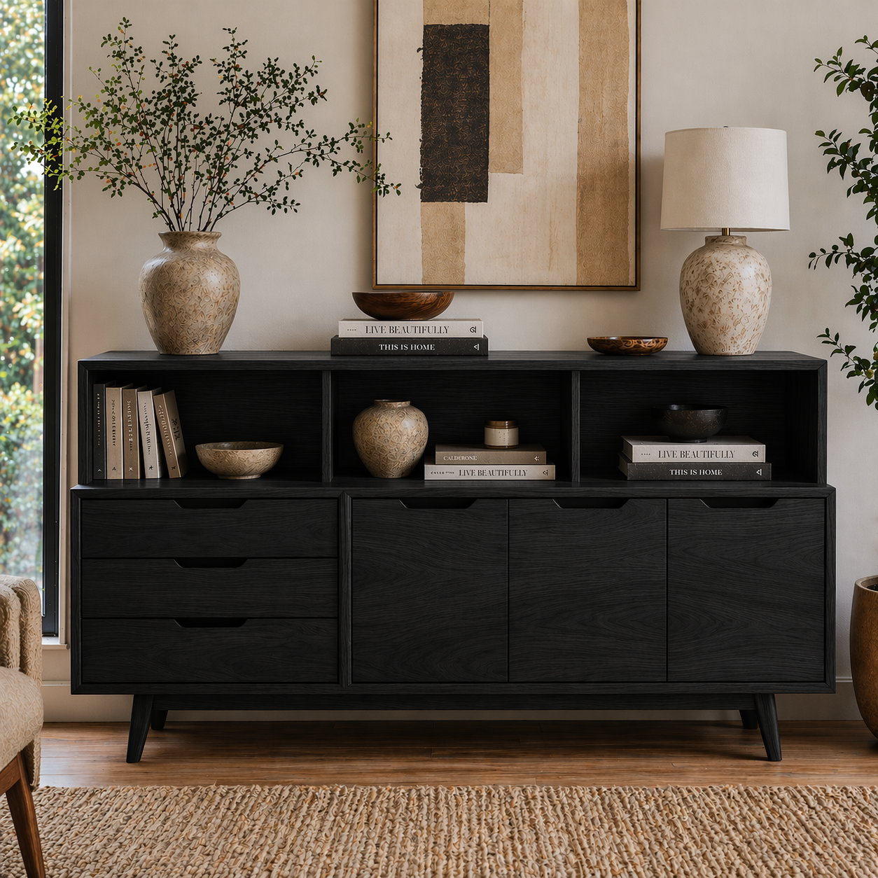Mid Century Solid Wood Console Cabinet with Drawers & Open Shelf Storage - view 4 of 7