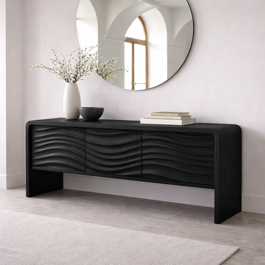 Solid Wood Console Table with Curved Frame and Wave Front – Modern Sideboard - view 4 of 7