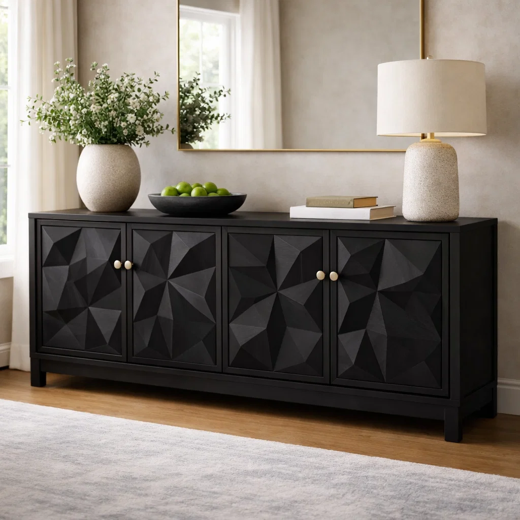 Solid Wood Console Cabinet with Geometric Carved Doors - view 4 of 7