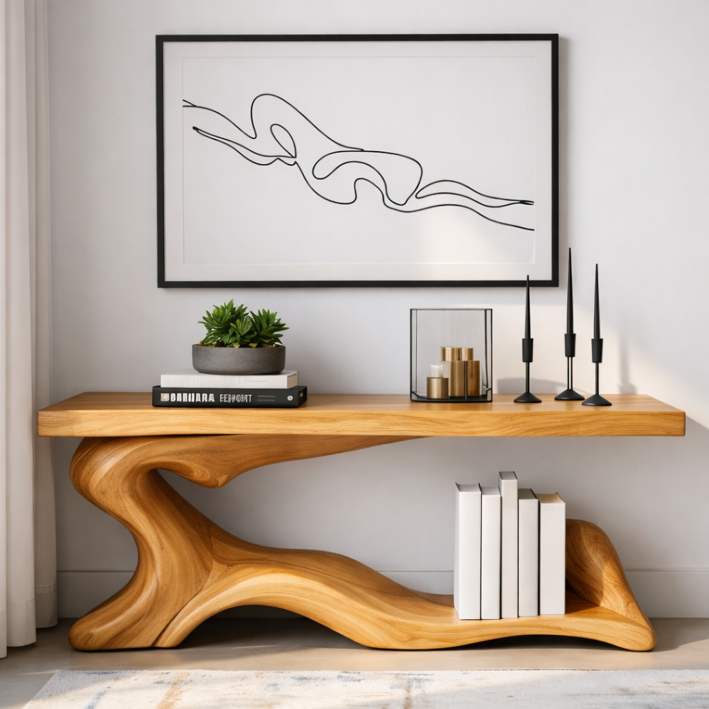 Handcrafted Solid Wood Console Table with Sculptural Organic Base and Modern Minimalist Design - view 1 of 8