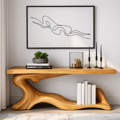 Handcrafted Solid Wood Console Table with Sculptural Organic Base and Modern Minimalist Design - view 1 of 8