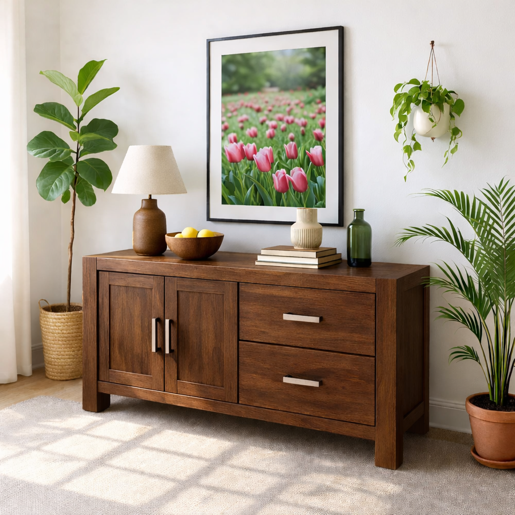 Solid Wood Console Table, Modern Wood Buffet Console with Doors and Drawers Storage - view 6 of 7