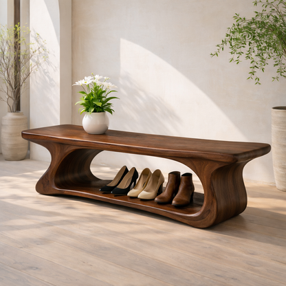 Sculptural Solid Wood Storage Bench, Modern Organic Entryway Shoe Bench - view 5 of 7