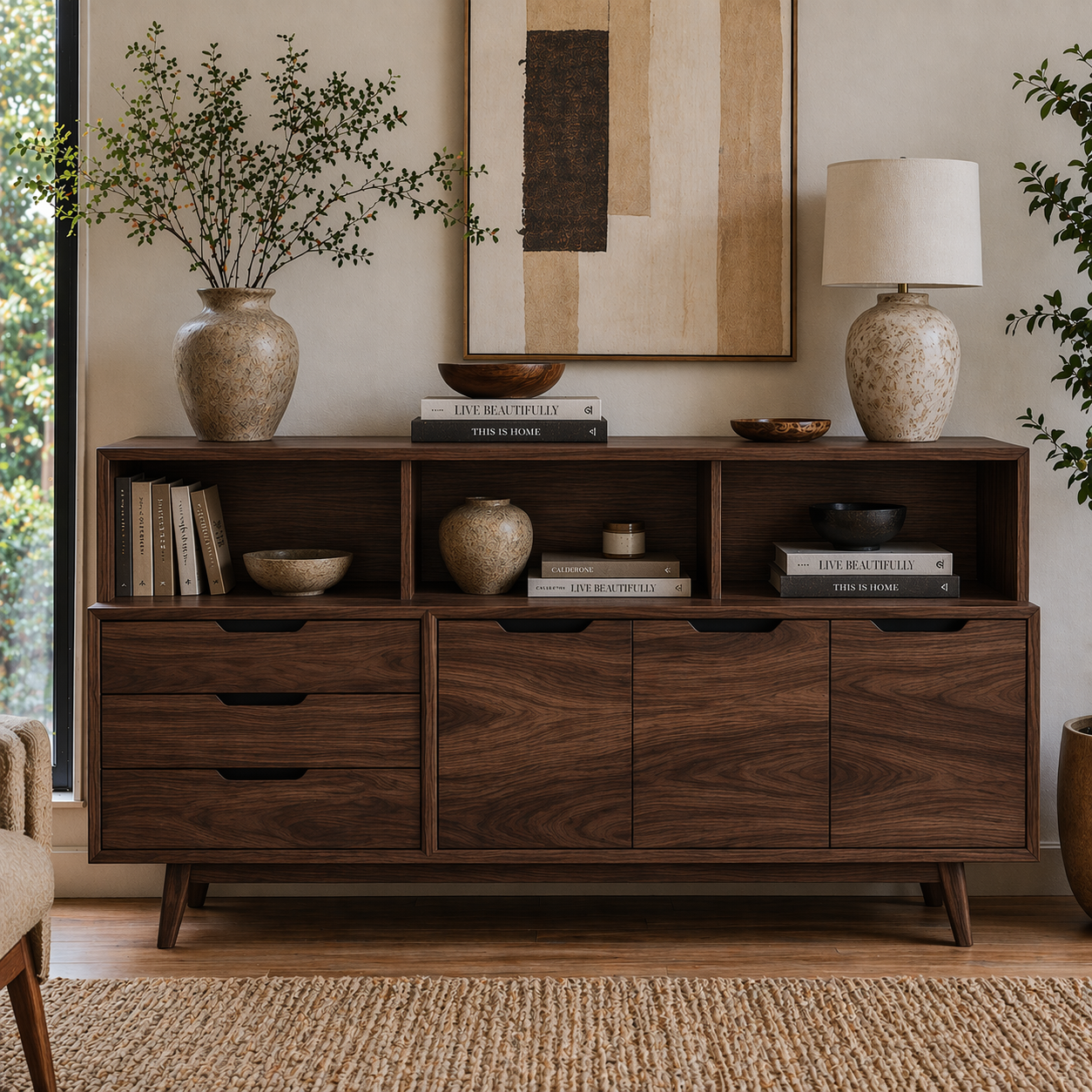Mid Century Solid Wood Console Cabinet with Drawers & Open Shelf Storage - view 2 of 7