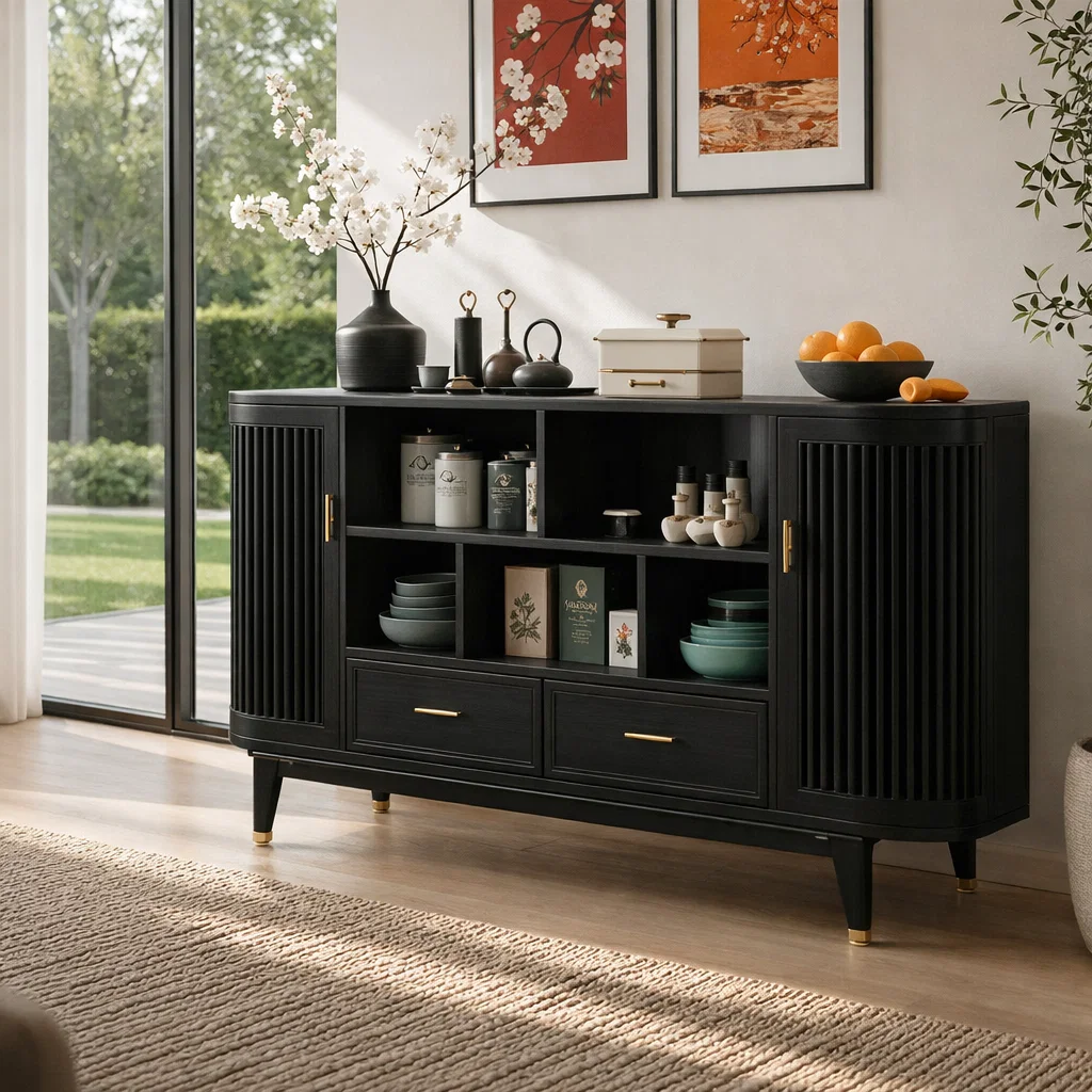 Mid Century Solid Wood Console Sideboard with Slatted Doors – Walnut Storage Cabinet - view 4 of 7
