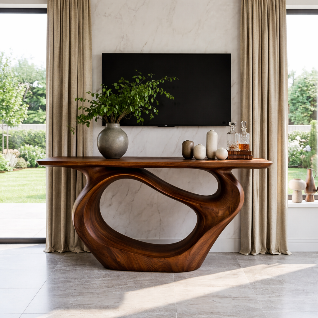 Solid Wood Console Table with Organic Curved Base, Modern Artistic Design - view 3 of 7