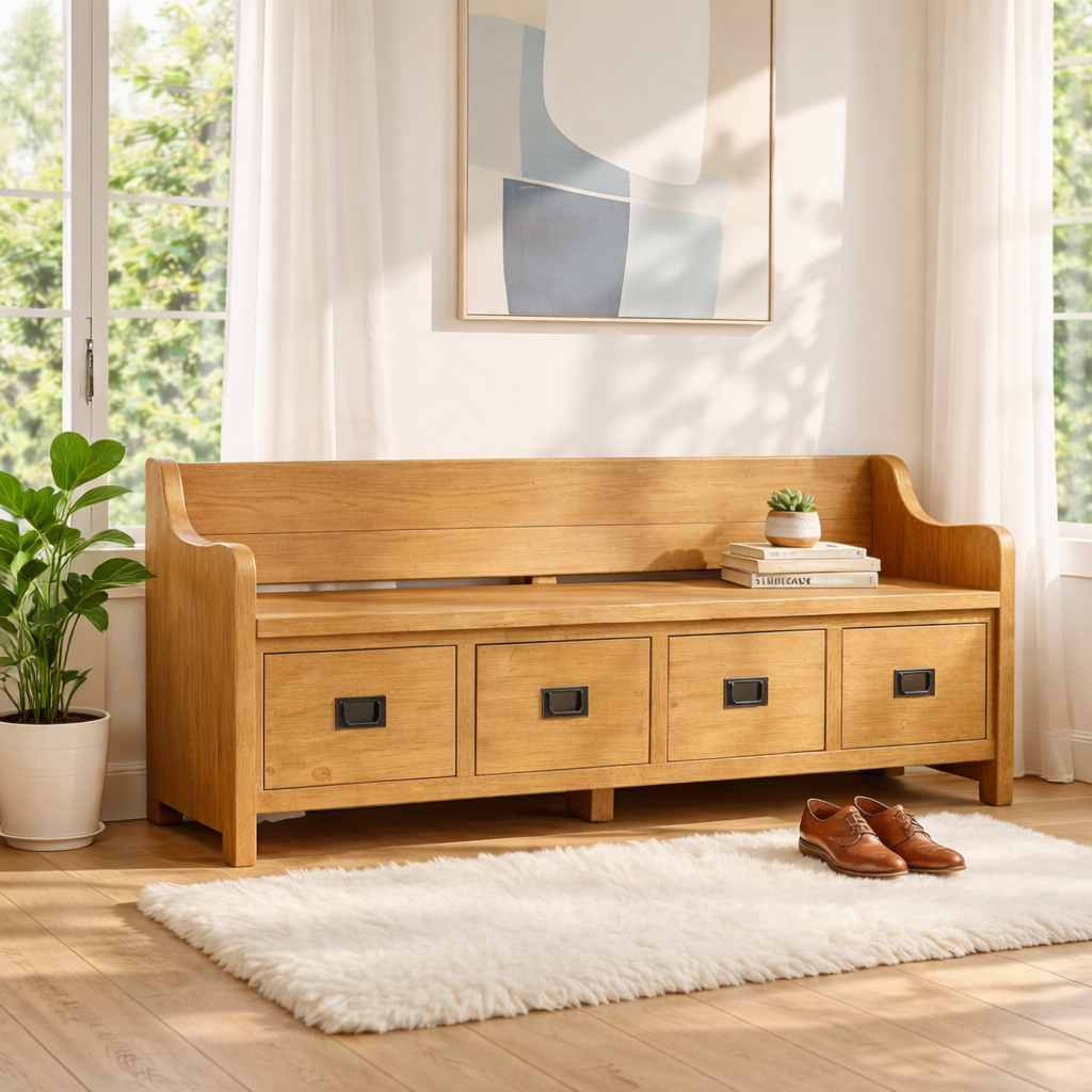 Solid Wood Storage Bench with Drawers, Entryway Hallway Seating Cabinet - view 7 of 7