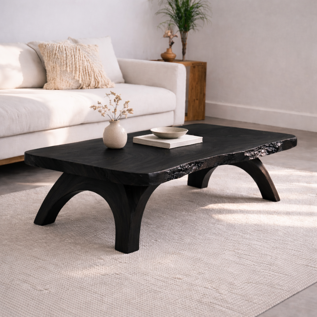 Live Edge Solid Wood Coffee Table with Sculpted Wooden Legs – Rustic Modern Center Table - view 2 of 7