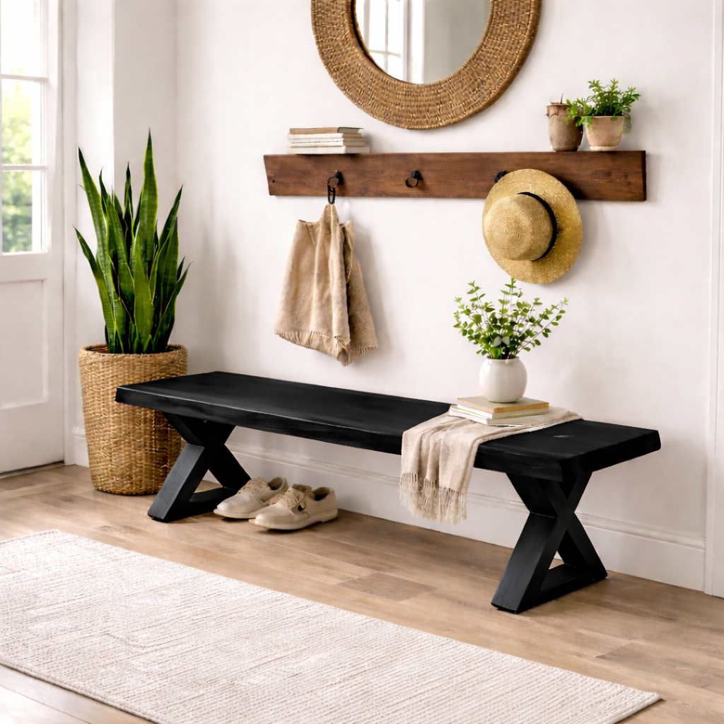 Solid Wood Entryway Bench with X-Leg Design | Rustic & Modern Hallway Seating - view 4 of 7