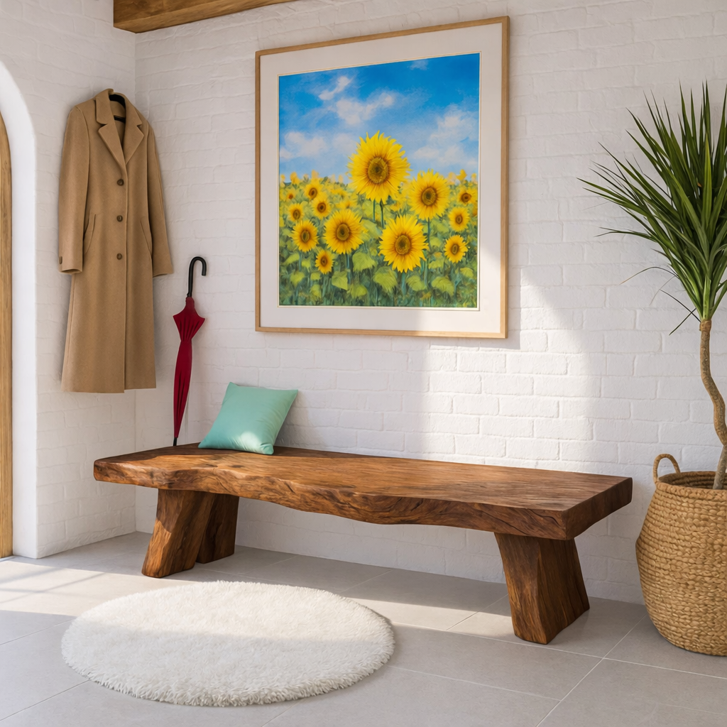 Solid Wood Entryway Bench with Sculptural Legs, Handmade Rustic Hallway Seat - view 4 of 7