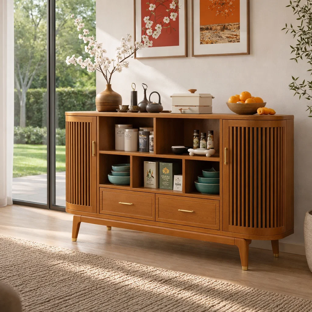 Mid Century Solid Wood Console Sideboard with Slatted Doors – Walnut Storage Cabinet - view 3 of 7