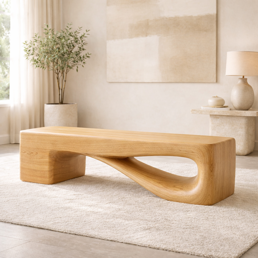 Modern Sculptural Wooden Entryway Bench, Curved Hallway Seating for Luxury Homes - view 1 of 7