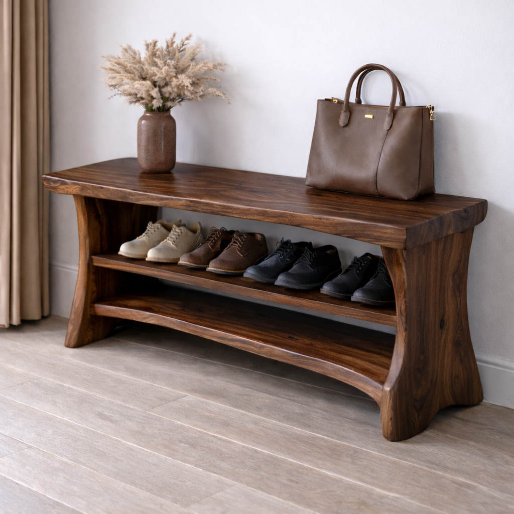 Solid Wood Entryway Bench with Shoe Storage Shelf – Natural Wood Shoe Rack Bench - view 2 of 7