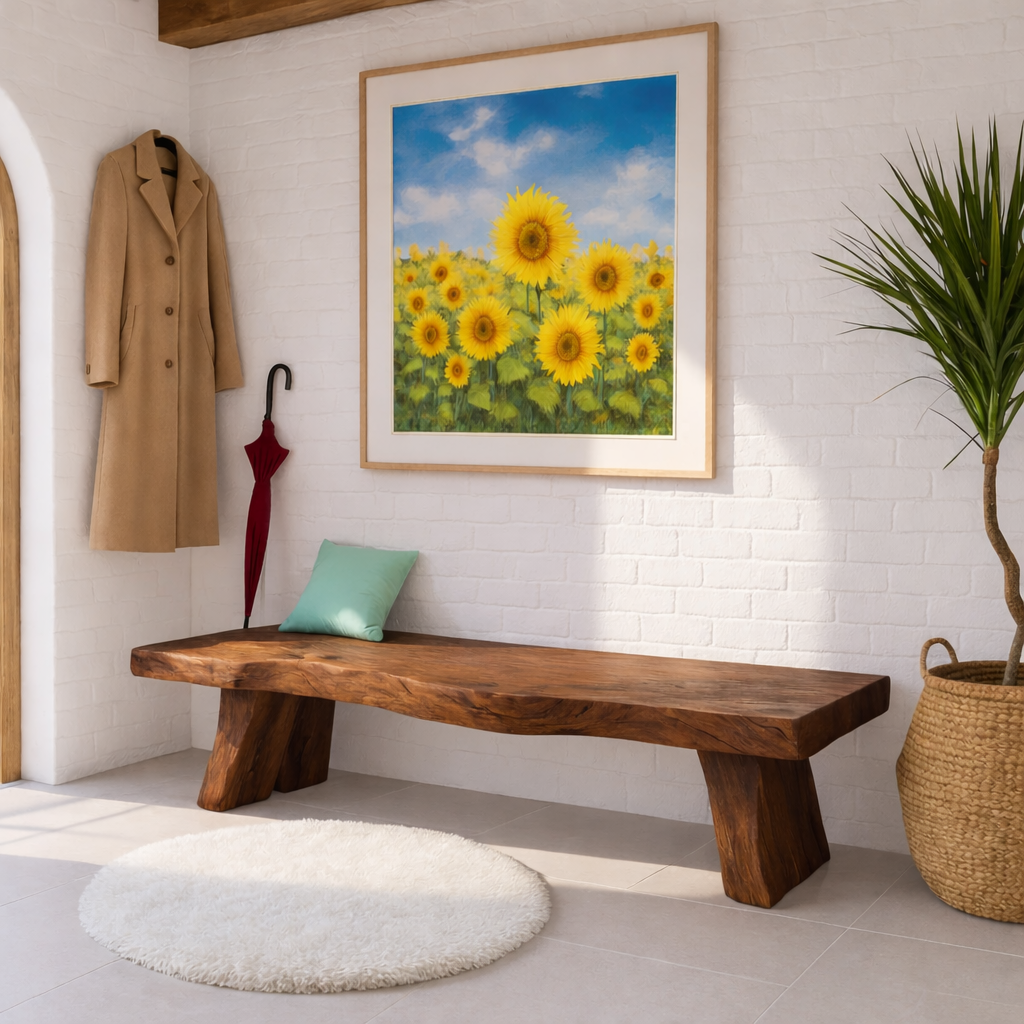 Solid Wood Entryway Bench with Sculptural Legs, Handmade Rustic Hallway Seat - view 3 of 7