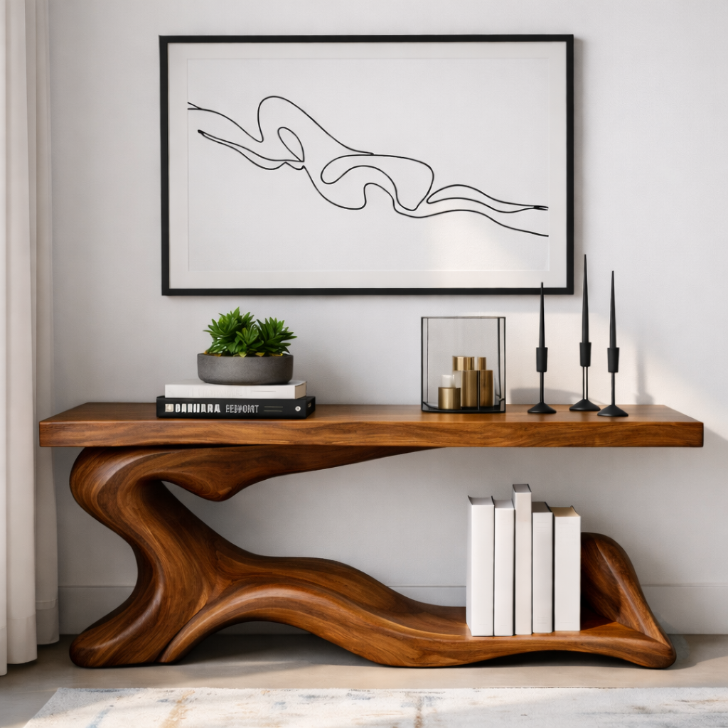 Handcrafted Solid Wood Console Table with Sculptural Organic Base and Modern Minimalist Design - view 7 of 8