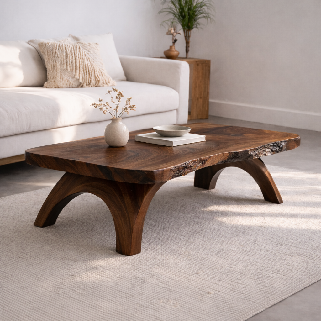 Live Edge Solid Wood Coffee Table with Sculpted Wooden Legs – Rustic Modern Center Table - view 3 of 7