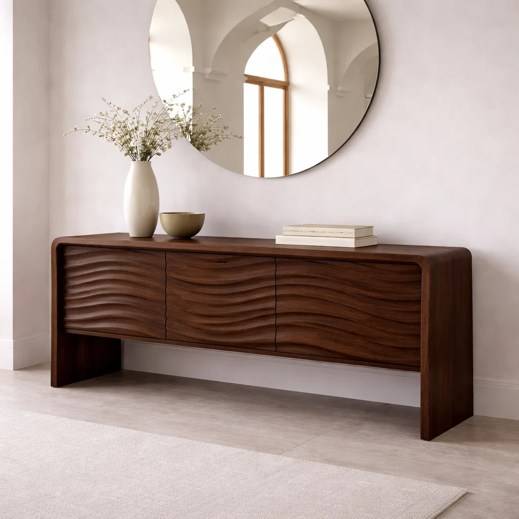 Solid Wood Console Table with Curved Frame and Wave Front – Modern Sideboard - view 2 of 7