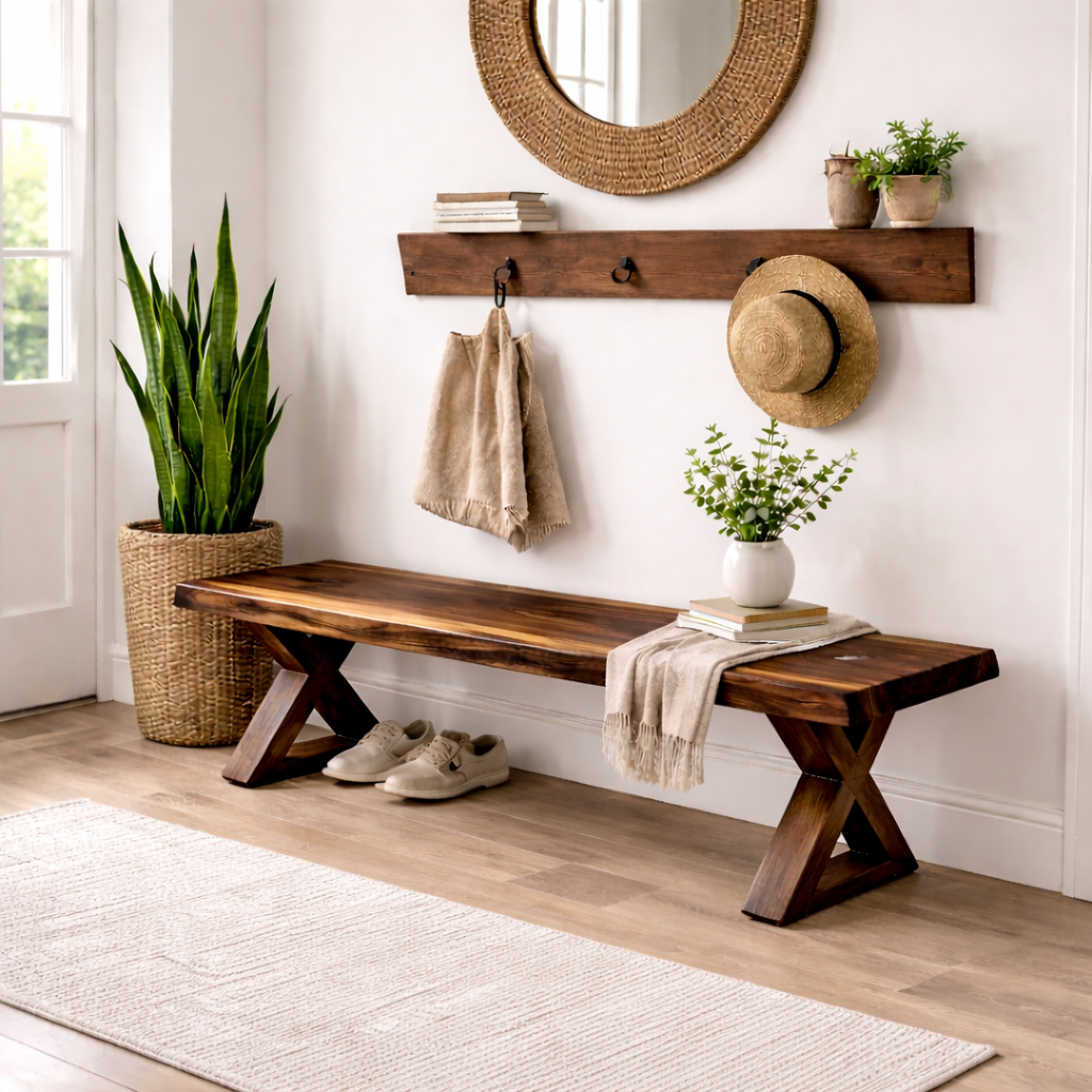 Solid Wood Entryway Bench with X-Leg Design | Rustic & Modern Hallway Seating - view 2 of 7