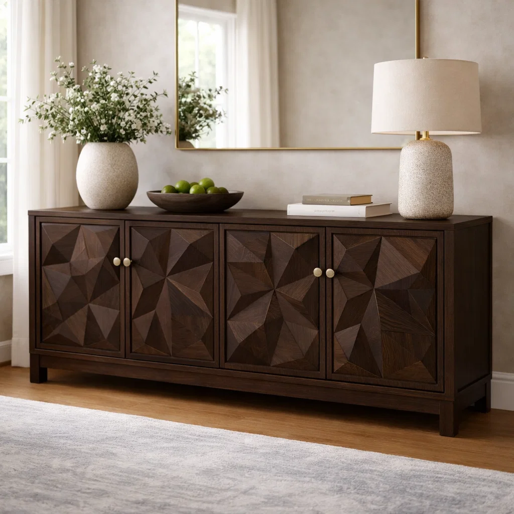 Solid Wood Console Cabinet with Geometric Carved Doors - view 2 of 7