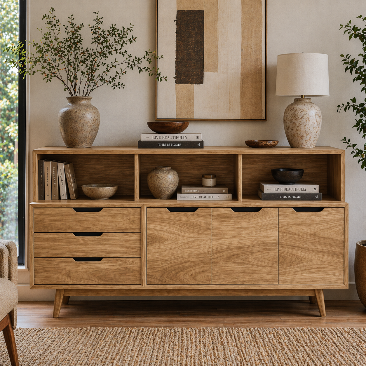 Mid Century Solid Wood Console Cabinet with Drawers & Open Shelf Storage - view 1 of 7