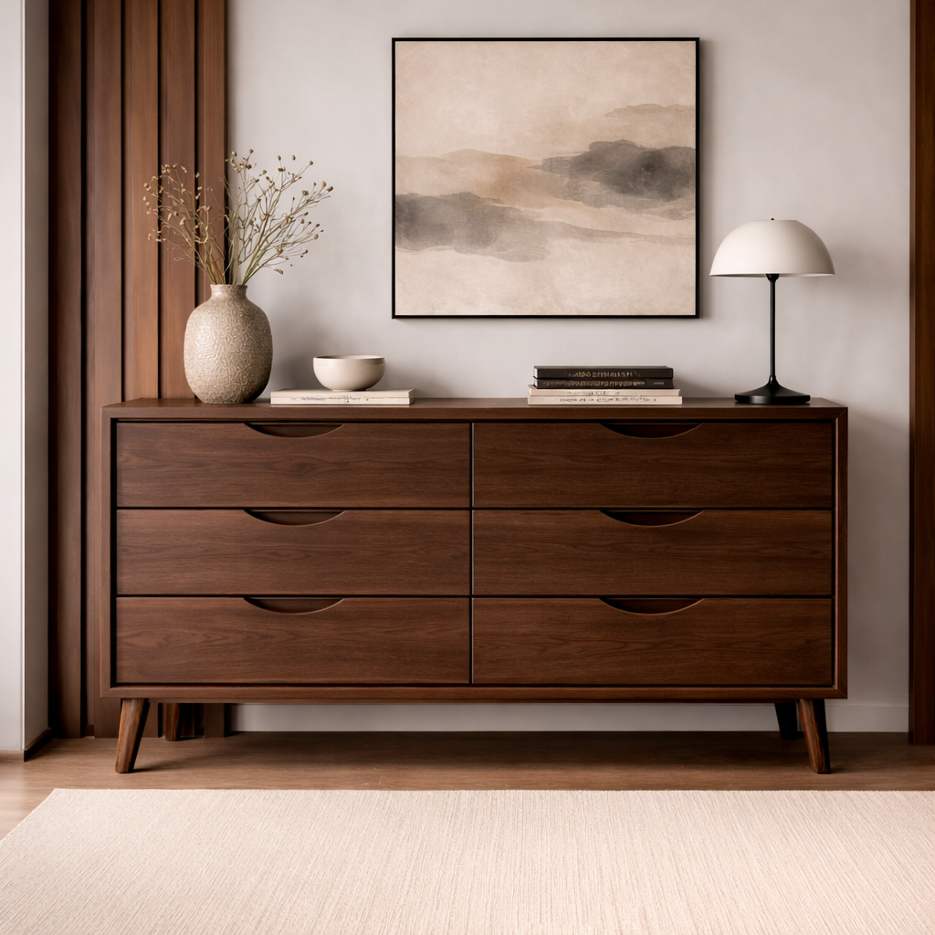 Solid Wood Console Cabinet with 6 Drawers – Modern Mid-Century Storage Sideboard - view 2 of 7