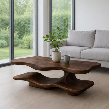 Solid Wood Coffee Table with Sculptural Curved Base and Organic Shape for Living Room - view 3 of 7