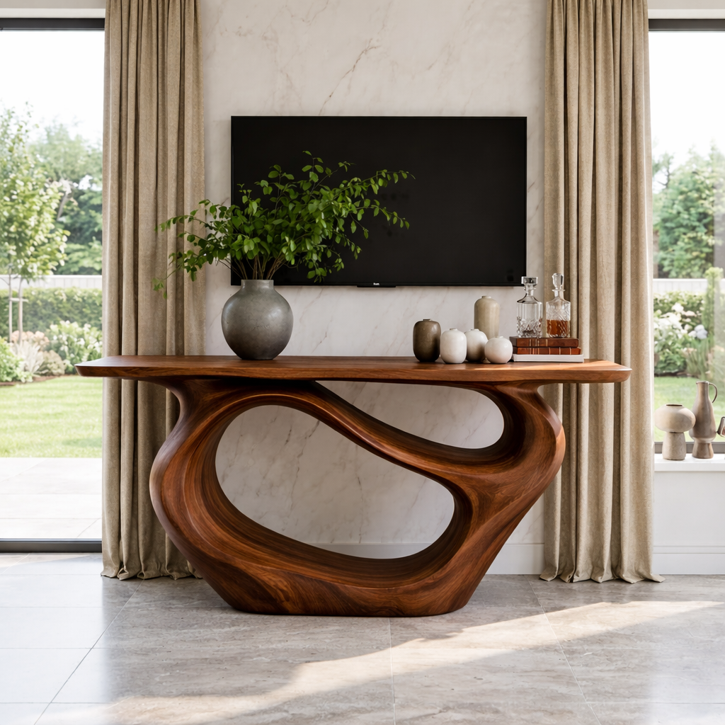 Solid Wood Console Table with Organic Curved Base, Modern Artistic Design - view 2 of 7