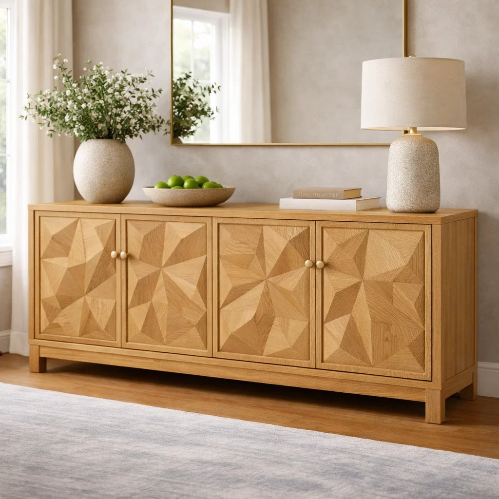 Solid Wood Console Cabinet with Geometric Carved Doors - view 1 of 7