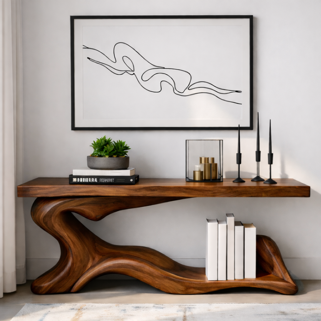 Handcrafted Solid Wood Console Table with Sculptural Organic Base and Modern Minimalist Design - view 6 of 8