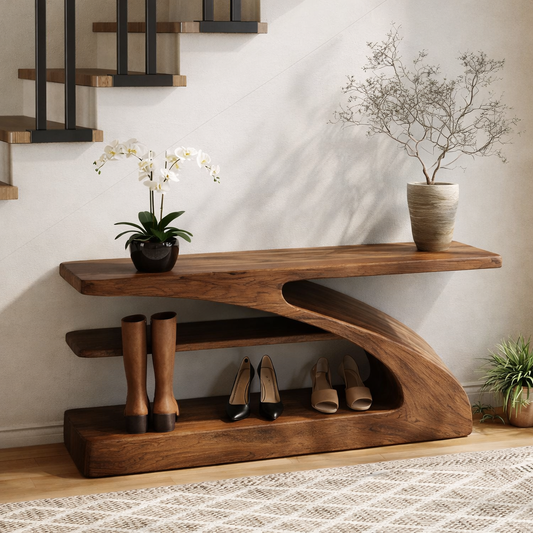 Modern Sculptural Solid Wood Entryway Bench with Shoe Storage - view 1 of 7