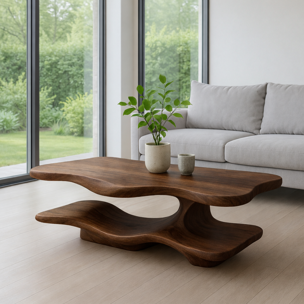 Solid Wood Coffee Table with Sculptural Curved Base and Organic Shape for Living Room - view 1 of 7