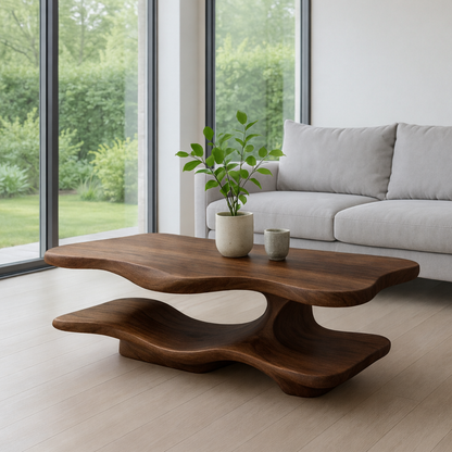 Solid Wood Coffee Table with Sculptural Curved Base and Organic Shape for Living Room - view 1 of 7